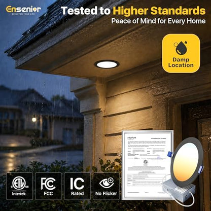 Ensenior 16 Pack 6 Inch LED Recessed Ceiling Light, Dimmable, 2700K-5000K 5CCT, 1200LM 12W 120V, High Brightness Canless Wafer Downlight, Black - ETL&FCC&IC