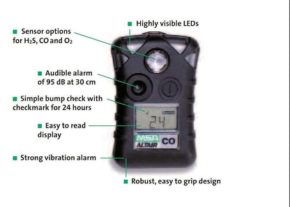 MSA 10092522 ALTAIR Single-Gas Detector - (CO) Carbon Monoxide (Low: 25ppm, High: 100ppm), Color: Black, Portable Gas Monitor, Durable, UL Standard-Approved