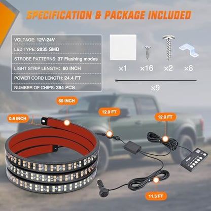 Nilight 60 Inch Emergency Strobe Light Strips with Controller Amber White