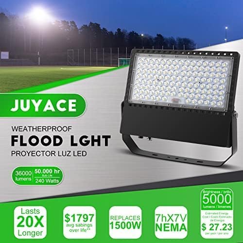 Juyace LED Stadium Flood Light Outdoor, 36000LM Super Bright Commercial Area Lighting, 240W 5000K Daylight IP65 Waterproof Arena Lights for Sport Fields and Courts, 110-277V（3 Pack