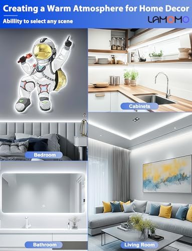 Lamomo COB LED Strip Lights, 16.4Ft White Dimmable Self-Adhesive Led Rope Light with Remote, Flexible Cuttable Waterproof 6000K Silicone Neon Tape Light for Bedroom,Indoor, Cabinet, 10mm Width
