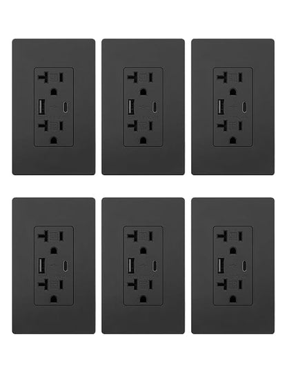 MOES USB Wall Outlet 20 Amp, USB-C and USB-A 24W Charging, Black, 6 Pack