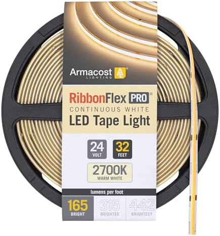 Armacost Lighting RibbonFlex Pro 24V White COB LED Strip Light Tape 2700K, 165 Lumens/Ft, 10M 171150