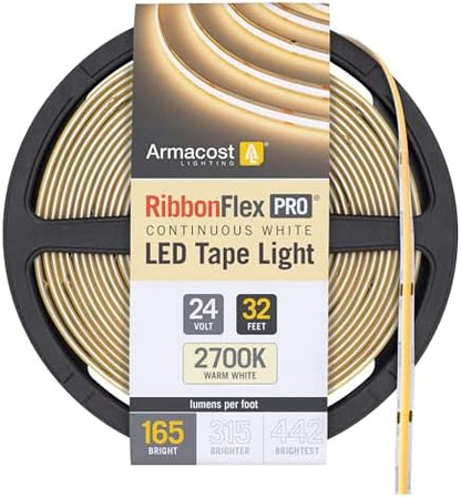 Armacost Lighting RibbonFlex Pro 24V White COB LED Strip Light Tape 2700K, 165 Lumens/Ft, 10M 171150