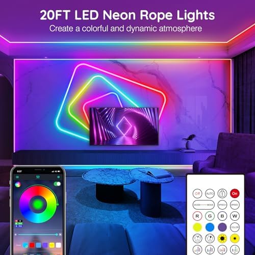 AILBTON 20FT Neon Rope Lights, RGB LED Strip Lights, Waterproof IP67 LED Lights for Bedroom, DIY Design, Music Sync, Remote Control, Multiple Modes for Bedroom