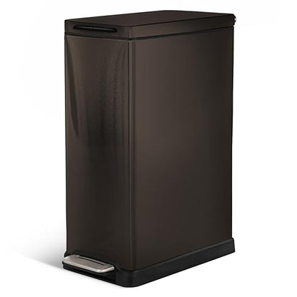 Home Zone Living 12 Gallon Slim Kitchen Trash Can with Soft Close Lid, Step Pedal, Bag Tuck Band, and Removable Liner, Stainless Steel, Black
