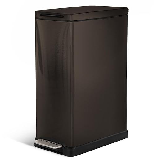 Home Zone Living 12 Gallon Slim Kitchen Trash Can with Soft Close Lid, Step Pedal, Bag Tuck Band, and Removable Liner, Stainless Steel, Black