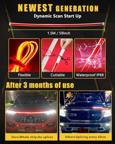 YM E-Bright LED Hood Light Strip, 59in Red Dynamic Scan DRL 12V 1Set