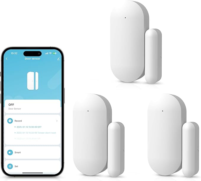 Door Alarm Window Sensors, Door Open Alarm Long Battery Life Wireless for Security Real-Time Notification WiFi Contact Sensor App Control No Monthly Fee, White (3-Pack)