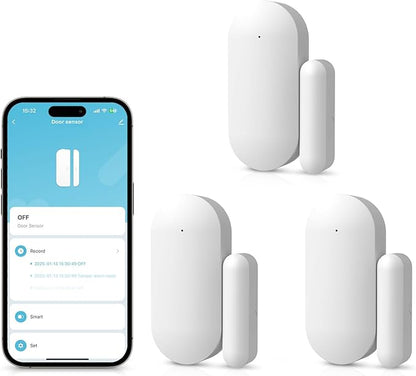 Door Alarm Window Sensors, Door Open Alarm Long Battery Life Wireless for Security Real-Time Notification WiFi Contact Sensor App Control No Monthly Fee, White (3-Pack)