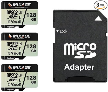 MIXAGE 128GB MicroSDXC Memory Card U3 V30 A1 UH-I, 100MB/s Read 60MB/s Write 4K UHD for Android Phones, Gaming Consoles, Dash Cam Security Action Cameras （Pack of 3）
