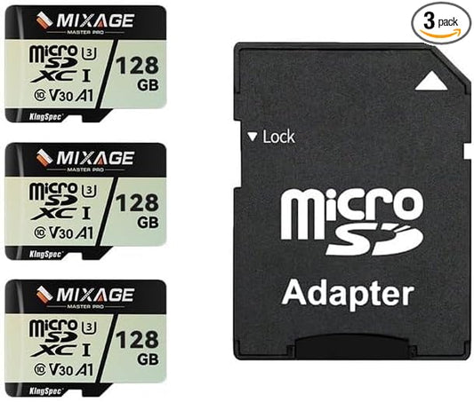 MIXAGE 128GB MicroSDXC Memory Card U3 V30 A1 UH-I, 100MB/s Read 60MB/s Write 4K UHD for Android Phones, Gaming Consoles, Dash Cam Security Action Cameras （Pack of 3）