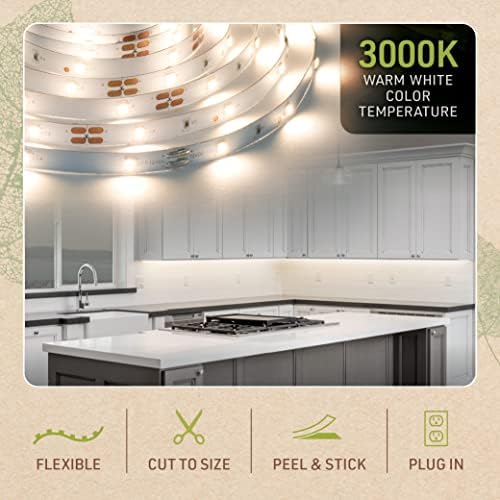 Complete LED Strip Light Kits (Warm White) 8 ft Flexible Tape 3000K Under Cabinet Plug-in Power Supply 318320