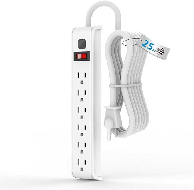 TiFFCOFiO Surge Protector Power Strip, 25 Feet Extension Cord, 600 Joules Surge Protection, Multiple Protection 6 Outlet Strip, 14 AWG Cord, 15A/1875W, ETL Listed