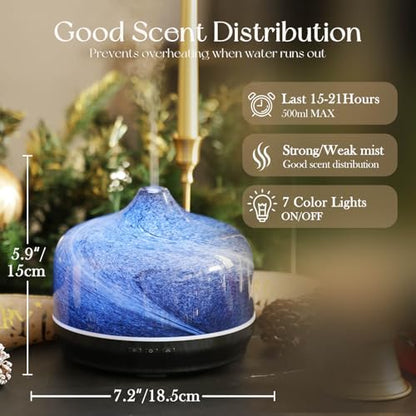 Porseme 500ml Glass Essential Oil Diffuser Aromatherapy Ultrasonic Cool Mist Humidifier 15-21 Running Hours Waterless Auto-Off Air Diffusers for Sleeping Yoga Working Spa(Obsidian)