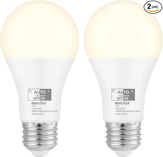 Qualilux Dusk to Dawn Light Bulbs 4000K Cool White Bright White (Neutral White), 850LM, 60W Equivalent, LED 9.5W, A19, E26 Base, 2-Pack, HQ-H013