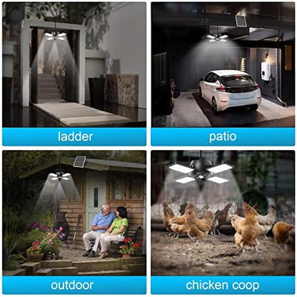 Latband Solar Pendant Light Outdoor Indoor Solar Powered Motion Sensor Shed Light,144LED 1200LM Daytime Work with 5 Lighting Modes Remote Control 4 Heads IP65 Waterproof for Garage Gazebo Barn