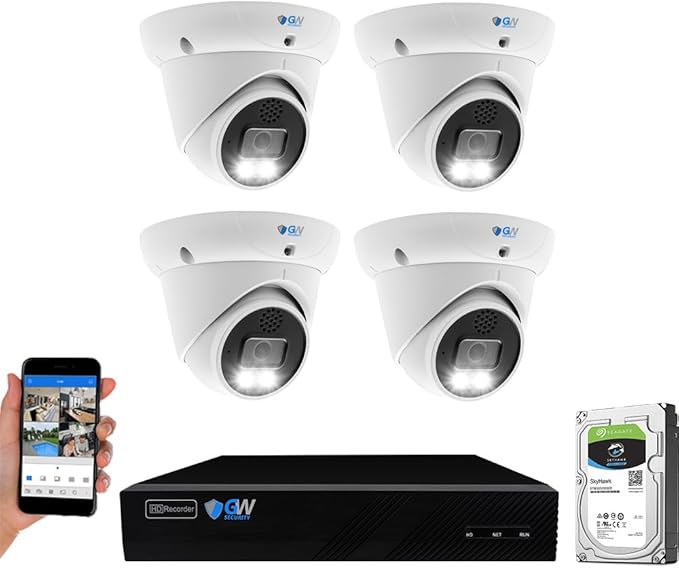 GW Security 8 Channel 4K NVR 5MP 30FPS Real-Time Full-Time Color Night Vision Two-Way Audio Security Camera System - 4 x 5MP 1920P Face Human Vehicle Detection Waterproof PoE IP Turret Cameras