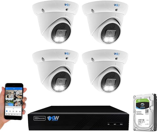 GW Security 8 Channel 4K NVR 5MP 30FPS Real-Time Full-Time Color Night Vision Two-Way Audio Security Camera System - 4 x 5MP 1920P Face Human Vehicle Detection Waterproof PoE IP Turret Cameras