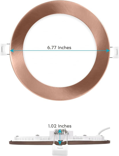 LUXRITE 6 Inch Ultra Thin LED Recessed Light with J-Box, 12W, 5 Color Options 2700K | 3000K | 3500K | 4000K | 5000K, Dimmable Wafer Light, 1000 Lumens, Copper Trim, Energy Star, IC Rated (4 Pack)