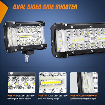 Nilight Side Shooter LED Light Bar Set 12 Inch Triple Row Spot Flood Combo Lights 2PCS 4.3Inch Pods with 5Pin Rocker Switch Wiring Harness Kit for Off-Road Truck ATV UTV Boat