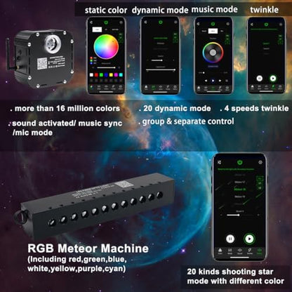 AZIMOM High Brightness 50W Twinkle Fiber Optic Starlight Kits1000pcs*0.03in*16.4ft Fiber Strands, RGB Meteor Shooting Star Sound Activated APP/Remote Control Theater Ceiling Home Shop Roof Decor