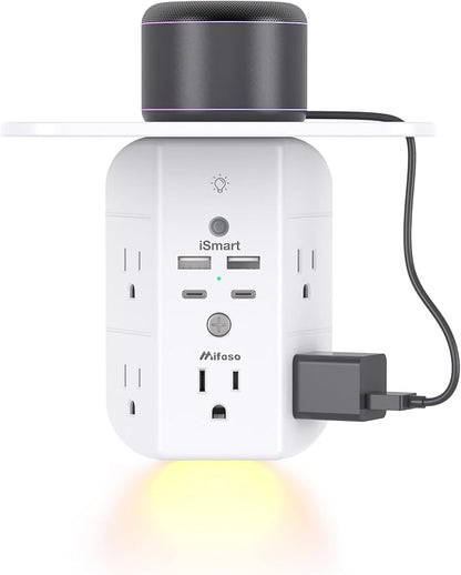 Wall Outlet Extender with Shelf and Night Light, Surge Protector, USB Wall Charger with 5 AC Outlets and 2 USB A Ports 2 USB C Ports Wide Space 3-Sided Power Strip Multi Plug Outlets