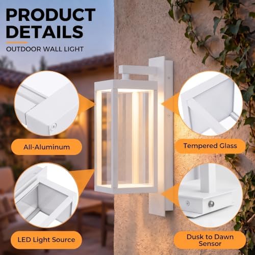 Dusk to Dawn Outdoor Wall Light, 15 Inch Waterproof LED Exterior Wall Sconce, Wall Mount Porch Lighting Fixture for Front Door, Garage, Patio, Yard & Entryway