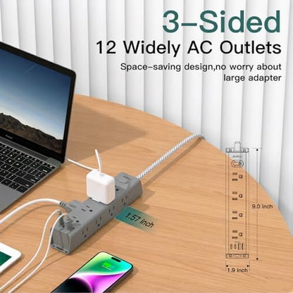 10FT Extension Cord, Power Strip Surge Protector with 12 AC Outlets & 4 USB