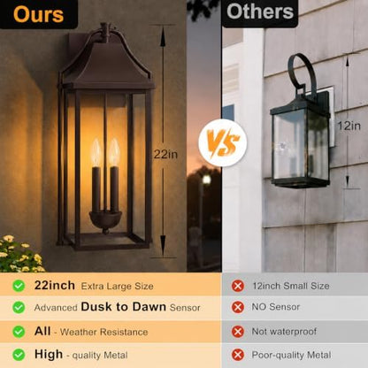 22IN Dusk to Dawn Outdoor Light Fixture, 2-E12 Base Porch Light