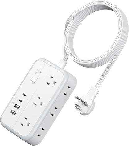 Power Strip 10 ft, Flat Plug Extension Cord with 6 Outlets 4 USB Ports, Outlet Extender Long Cord, Overload Protection, Extension Cord with Multiple Outlets for Indoor, Home, Office