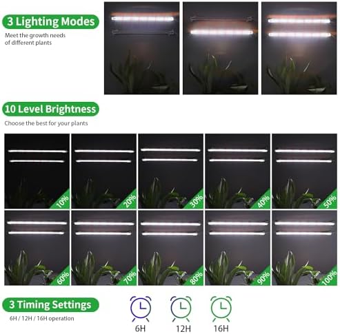16‘’ LED Grow Light Strips for Indoor Plants, Full Spectrum 120 LEDs with 4 Install Methods, 6/12/16H Timer, 10 Dimmable Levels, 3 Switch Modes for Seedling Succulent Sunlike Strip (2 Head 1 Pack)