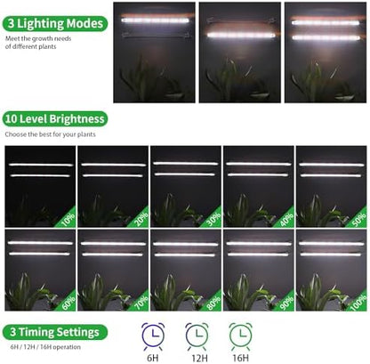 16‘’ LED Grow Light Strips for Indoor Plants, Full Spectrum 120 LEDs with 4 Install Methods, 6/12/16H Timer, 10 Dimmable Levels, 3 Switch Modes for Seedling Succulent Sunlike Strip (2 Head 1 Pack)