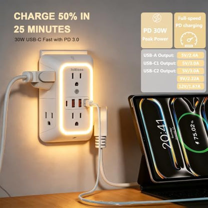 Multi Plug Outlet Surge Protector, 6 Outlet Extender and 4 USB with PD30W USB-C Fast Charging, 3-Sided 1050J Surge Protector Power Strip with Night Light for Home Travel Office-ETL