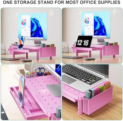 WALI Computer Monitor Stand with Storage, Desk Organizer with Drawer and Pen Holder, Desk Monitor Riser 3 Height Adjustable, Laptop Riser for Computer, Laptop, Printer (PTT003-P), 1 Pack, Pink