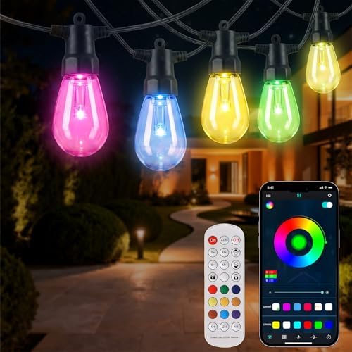 50FT RGB Smart Outdoor String Lights, APP & Remote Patio Lights