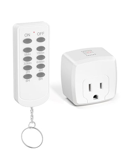 HBN Remote Control Outlet Indoor Remote Timer Outlet with 8 Timer Settings Plug‑in Power Switch RF Wireless Remote, Energy Saving Control for Lamps, Fans, Household Electronics