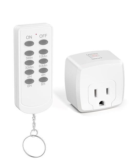 HBN Remote Control Outlet Indoor Remote Timer Outlet with 8 Timer Settings Plug‑in Power Switch RF Wireless Remote, Energy Saving Control for Lamps, Fans, Household Electronics