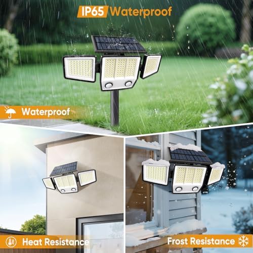 MDCMDCM Solar Motion Sensor Outdoor Lights Waterproof - 3000LM 3 Modes Security Lights Outdoor 270° Illumination IP65 LED Solar Flood Wall Light for Garden Yard Patio Pathway (with Stakes, 2)