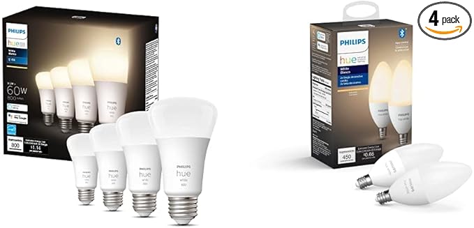 Philips Hue White A19 LED Smart Bulb (4 Bulbs) 40W White LED Smart Candle (2 Bulbs)