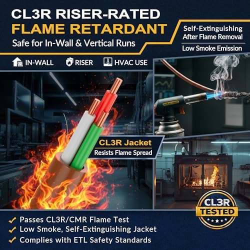 18/3 Thermostat Doorbell HVAC Wire, True Gauge 18 AWG 3 Conductor Solid Copper Control Cable, ETL Listed CL3R/CMR Riser Rated Flame-Retardant, RoHS, for 0-30V Low Voltage Systems - 50FT