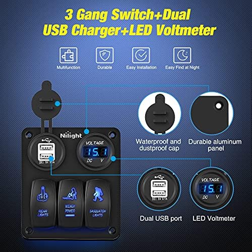Nilight 3 Gang Rocker Switch Panel 5PIN On Off Laser Pattern Toggle | SPST 12V/20A 24V/10A Dual USB Charger LED Voltmeter Pre-Wired for Rear Rock Sasquatch Lights RV Boats 4X4 Blue