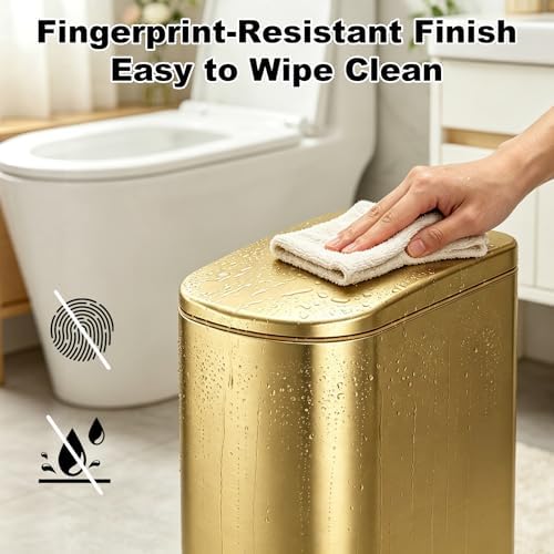 SYNCVIBE Slim Bathroom Trash Can with Soft Close Lid, 3.5 Gal, Gold