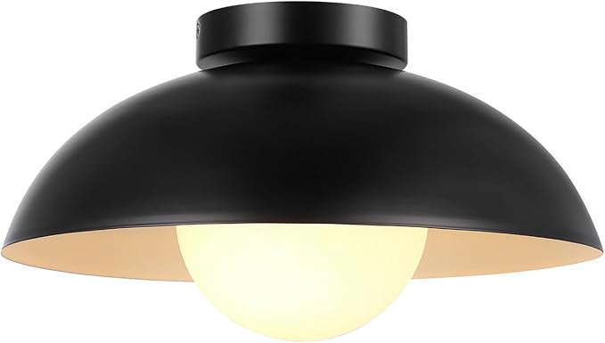 1-Light Matte Black Flush Mount Ceiling Light with White Opal Glass Shade | White Opal Glass Globe Shade, Wall or Ceiling Mount, Hallway or Entryway, Model 66000076