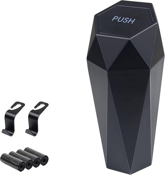 BFXM Car Trash Can, Car Trash Bin with Lid, Car Accessories for Women Interior, Car Garbage Can with Additional 2 ABS Hooks and 60pcs Trash Bags, Suitable for Home, Office, Car Organizer, Black