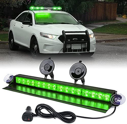Xprite 16 inch Green Emergency Strobe Dash Lights, Interior Windshield Flashing Light w/Suction Cups for Construction Towing Snow Plow Pickup Work Trucks Cars (Aluminum Housing)