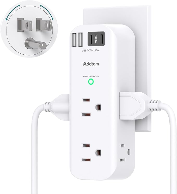 Addtam 30W USB C Outlet Extender Surge Protector, Rotating Plug, 6 AC Outlets Splitter, 4 USB Ports (2 USB-C), 1800J Wall Mount Power Strip, 3-Side Multi Plug for Dorm, Travel Essentials