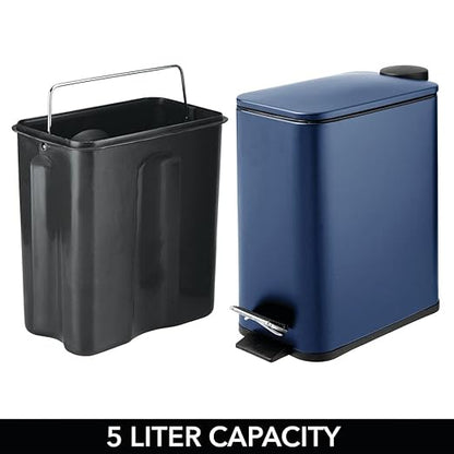 mDesign Rectangular Pedal Bin – 5 L Metal Waste Bin with Pedal, Lid and Plastic Bucket Insert – Household Rubbish Bin for Bathroom, Kitchen and Office – Navy