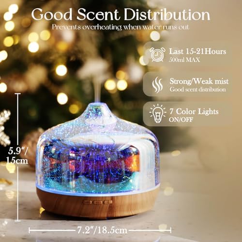 Porseme 500ml Glass Essential Oil Diffuser Aromatherapy Ultrasonic Cool Mist Humidifier 15-21 Running Hours Waterless Auto-Off Air Diffusers for Sleeping Yoga Working Spa(Silver)
