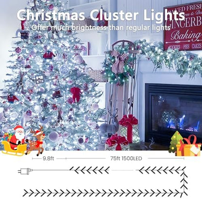 BHCLIGHT 75FT 1500LED Cluster Christmas Lights with Remote, Cool White